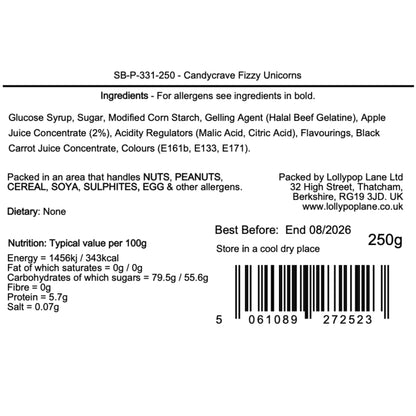 Lollypop Lane Ltd product label with ingredients, nutritional information, and barcode for Candycrave Fizzy Unicorns