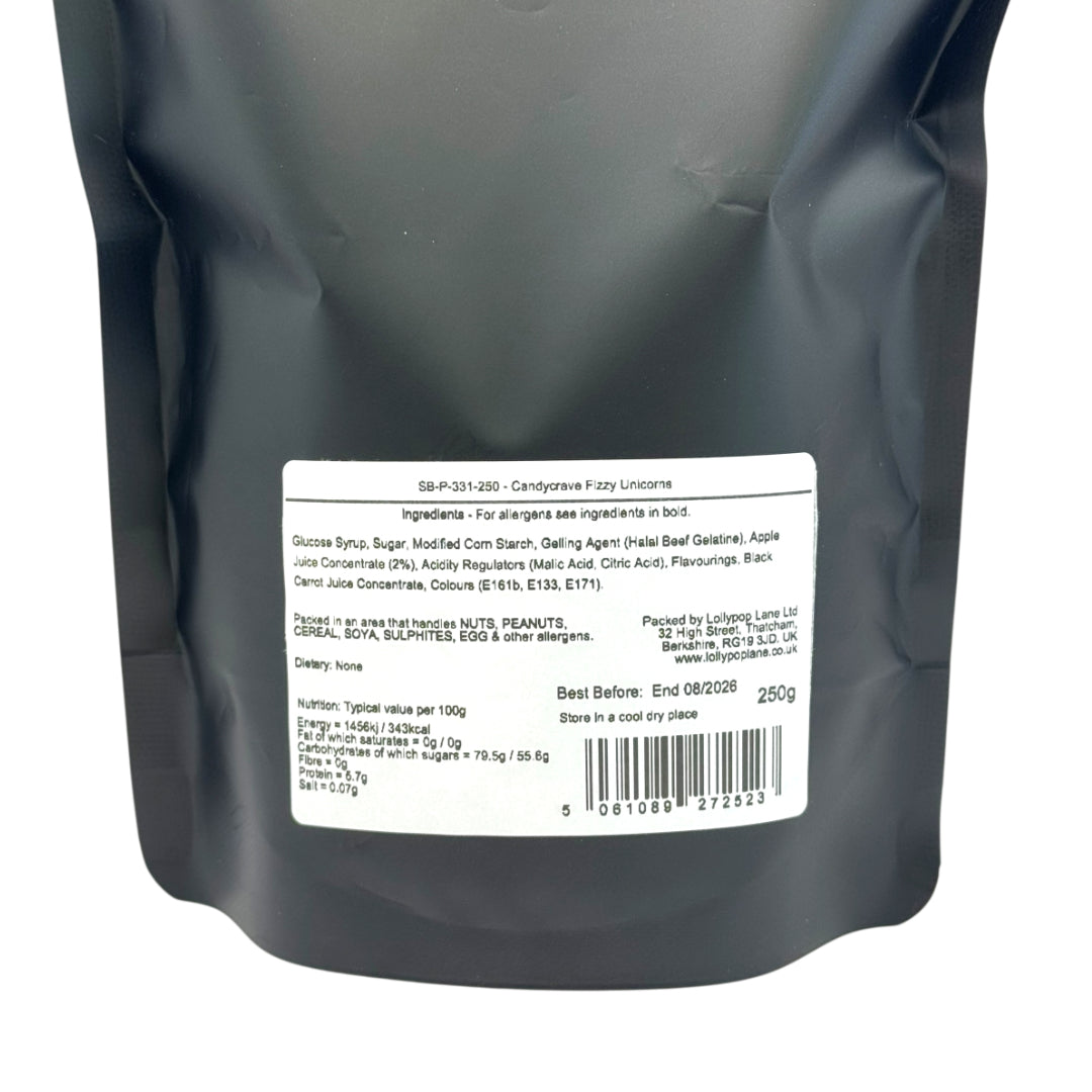 Back view of a Lollypop Lane sweet pouch showing a label containing ingredients and allergen information for Candycrave Fizzy Unicorns