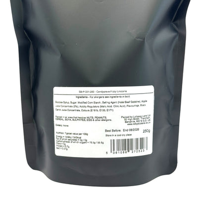 Back view of a Lollypop Lane sweet pouch showing a label containing ingredients and allergen information for Candycrave Fizzy Unicorns
