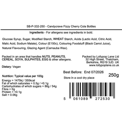 Lollypop Lane product label with ingredients, packaging information, and nutritional details for Candycrave Fizzy Cherry Cola Bottles