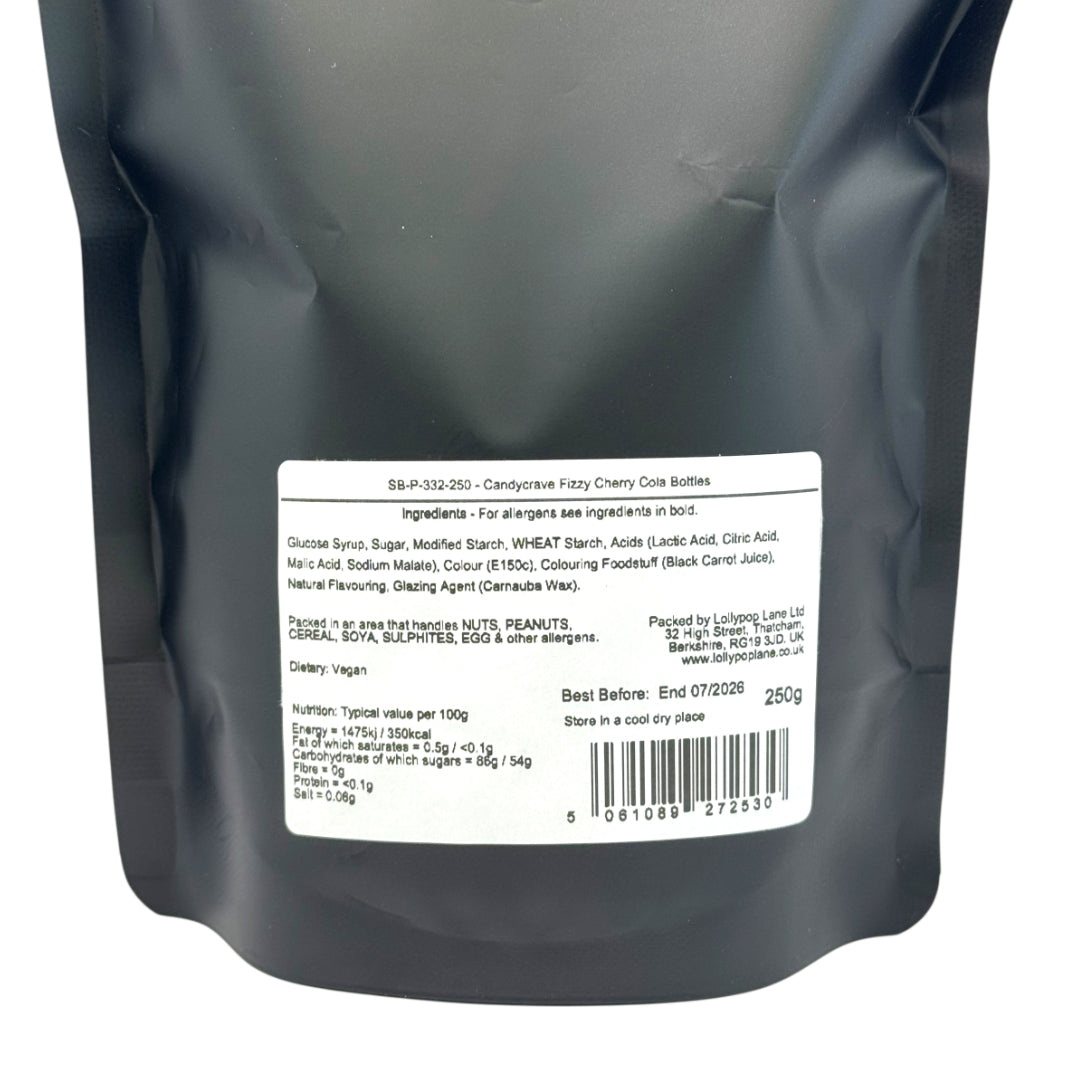 Black packaging with a white label displaying ingredients and nutritional information.