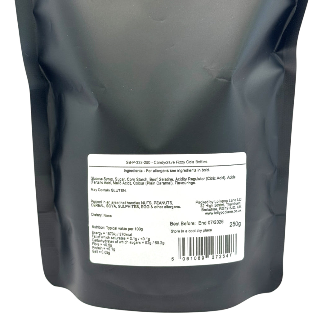 Back view of a Lollypop Lane sweet pouch filled with Candycrave Fizzy Cola Bottles showing a label containing ingredients and allergen information.