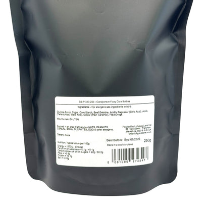 Back view of a Lollypop Lane sweet pouch filled with Candycrave Fizzy Cola Bottles showing a label containing ingredients and allergen information.