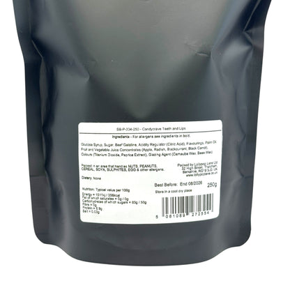 Back view of a Lollypop Lane sweet pouch showing a label for Candycrave Teeth and Lips ingredients and allergen information.