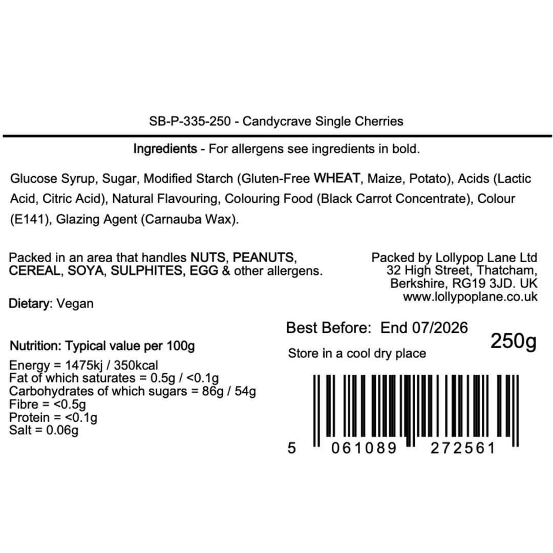 A Lollypop Lane ingredients and allergen label for Candycrave Single Cherries.