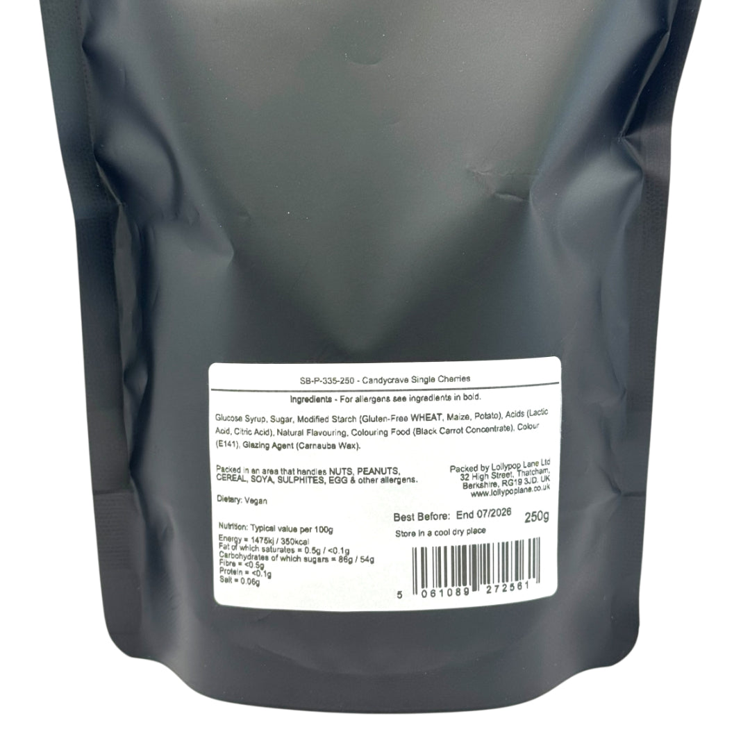 Back view of a Lollypop Lane sweet pouch showing ingredients and allergen information for Candycrave Single Cherries.