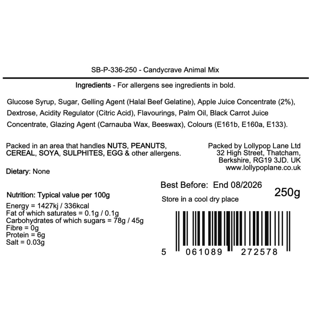 Label of Lollypop Lane Candycrave animal mix sweets with ingredients, packaging details, and nutritional information.