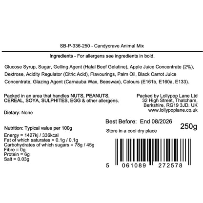 Label of Lollypop Lane Candycrave animal mix sweets with ingredients, packaging details, and nutritional information.