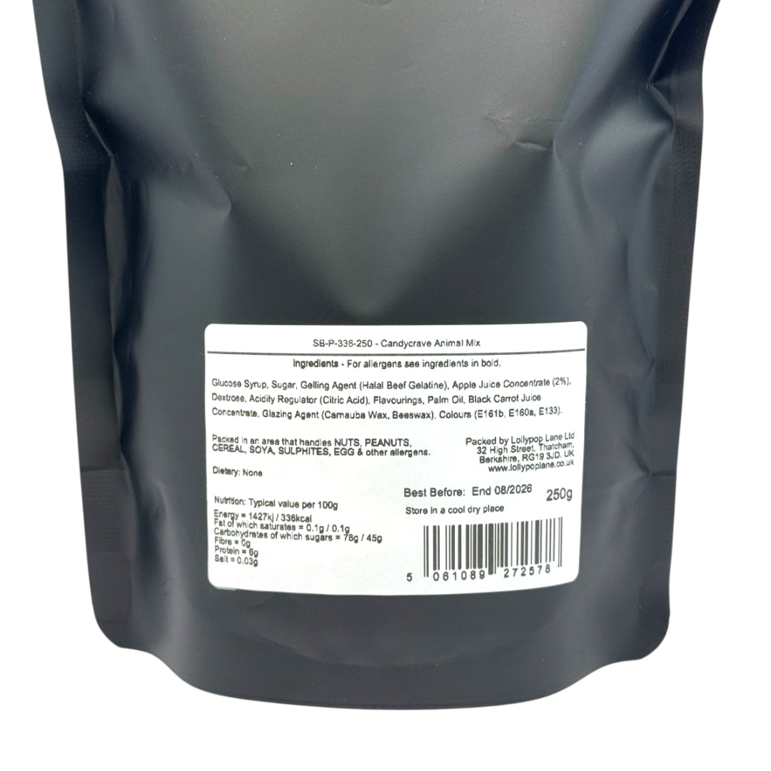 Back view of a Lollypop Lane sweet pouch showing the ingredient and allergen label
