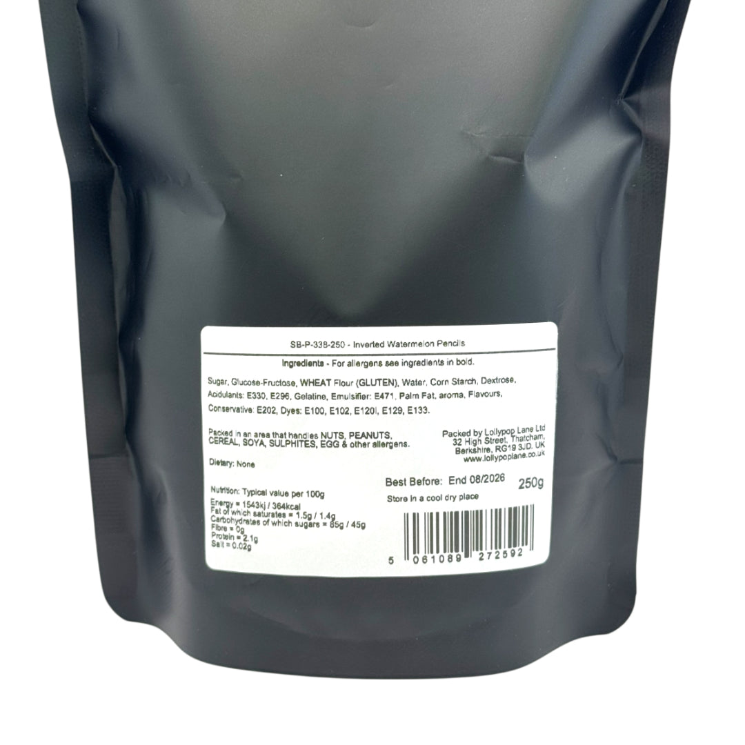 Back view of a Lollypop Lane sweet pouch displaying the ingredients and allergen information