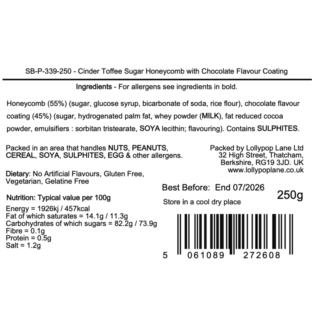 Lollypop lane product label for Cinder Toffee Sugar Honeycomb with Chocolate Flavour Coating displaying ingredients, allergen and product infoemation.