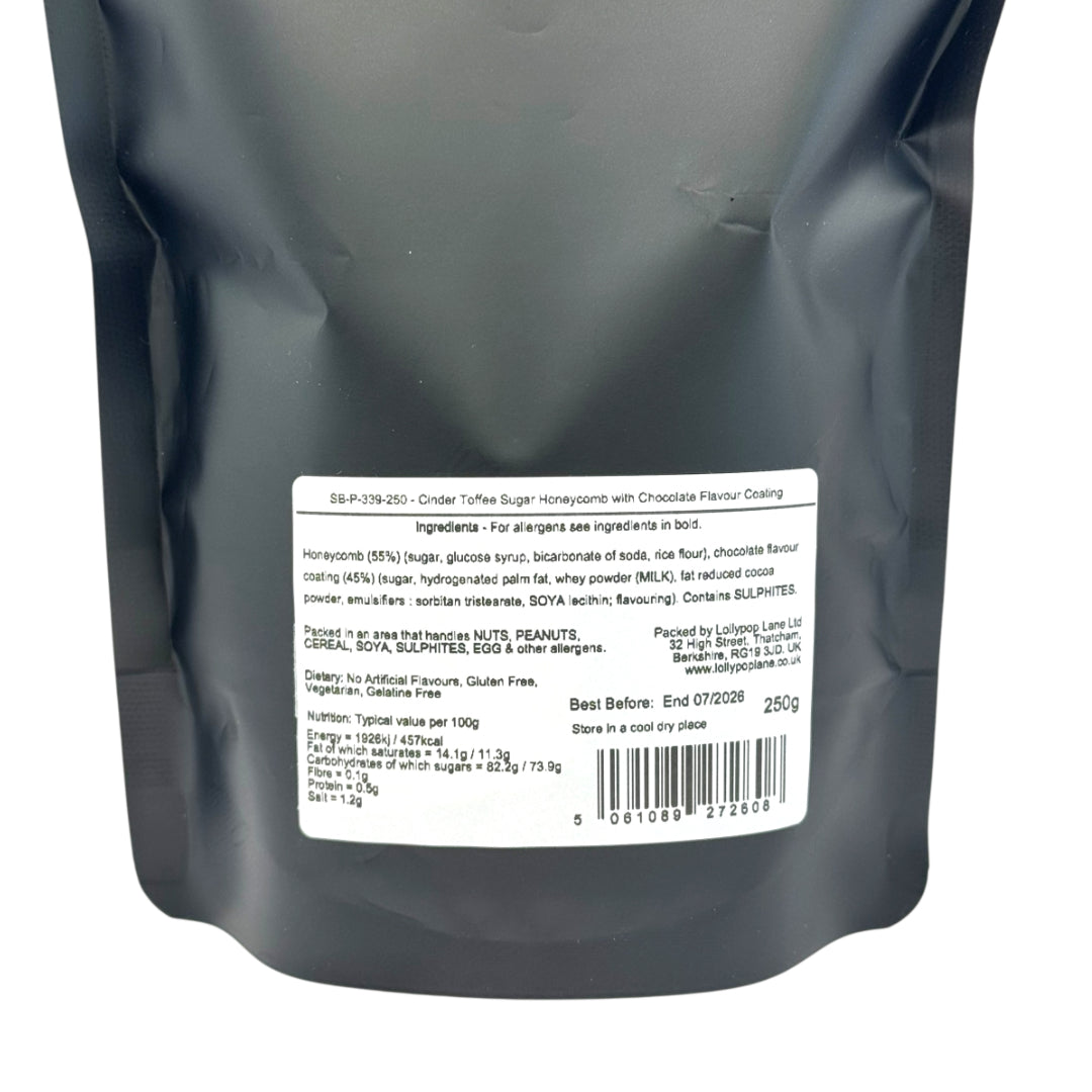 Back of a Lollypop lane sweet pouch showing the ingredients and allergen information for Cinder Toffee Sugar Honeycomb with Chocolate Flavour Coating