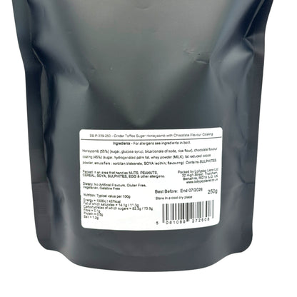 Back of a Lollypop lane sweet pouch showing the ingredients and allergen information for Cinder Toffee Sugar Honeycomb with Chocolate Flavour Coating