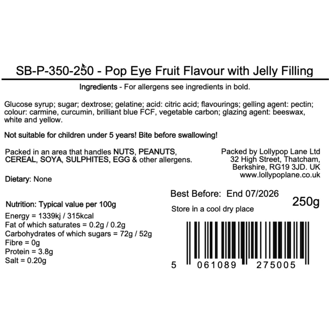 Lollypop Lane label of Pop Eye fruit-flavoured candy with jelly filling, showing ingredients, packaging details, and nutritional information.