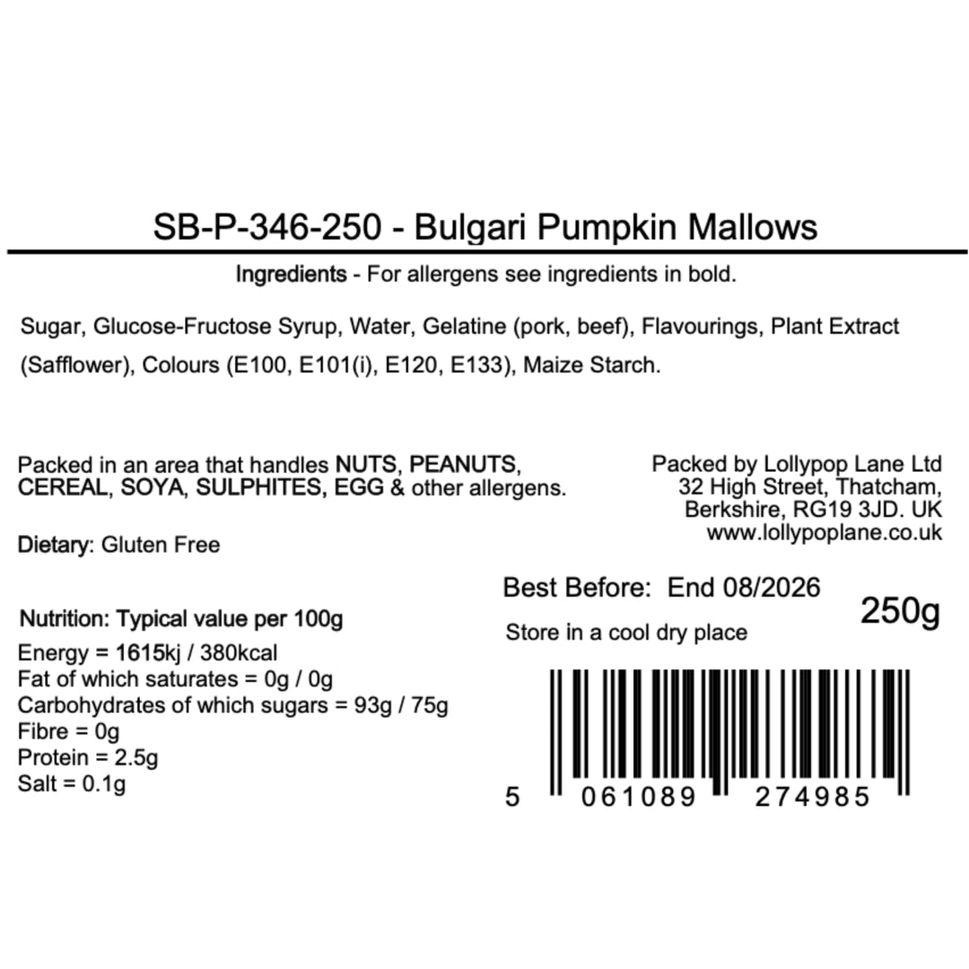 Bulgari Pumpkin Mallows packaging with ingredients, allergen information, and nutritional details.