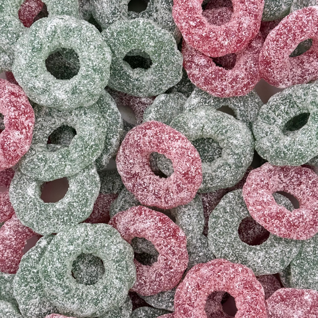 Close up of Vegan Fizzy Wreaths sweets