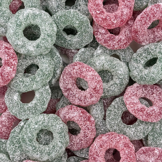 Close up of Vegan Fizzy Wreaths sweets