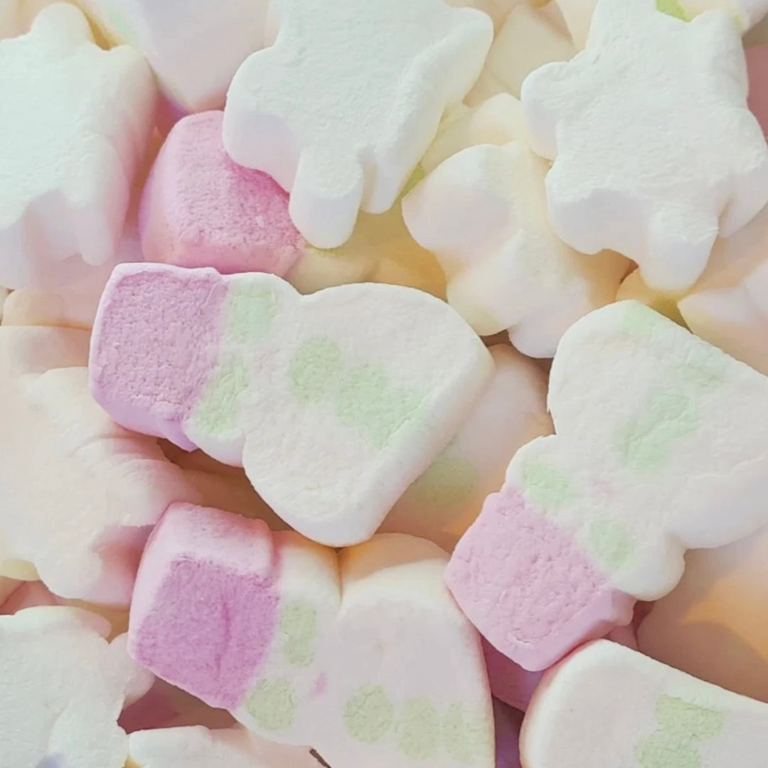 Close up of Snowman & Snowflakes Christmas Mallows