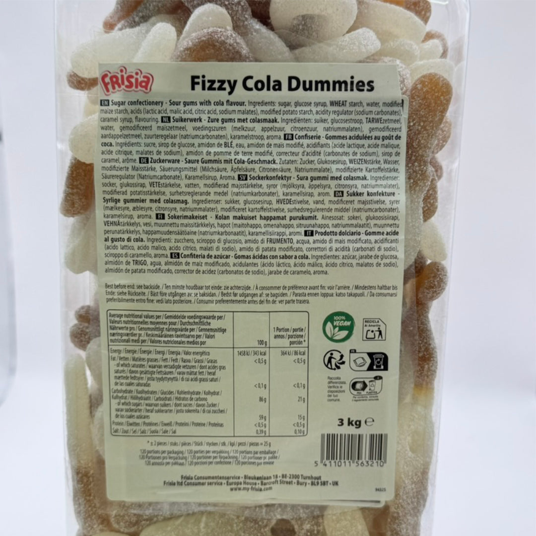 Back of a 3 kg bag of Frisia Fizzy Cola Dummies, showing the product name, extensive Italian ingredients list, nutritional information, and barcode on a clear plastic package.