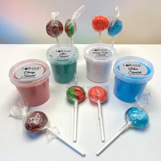 Cherry, Lime, Cream Soda and Blue Sherbet Mini Tubs + 8 Dobson Lolly's
