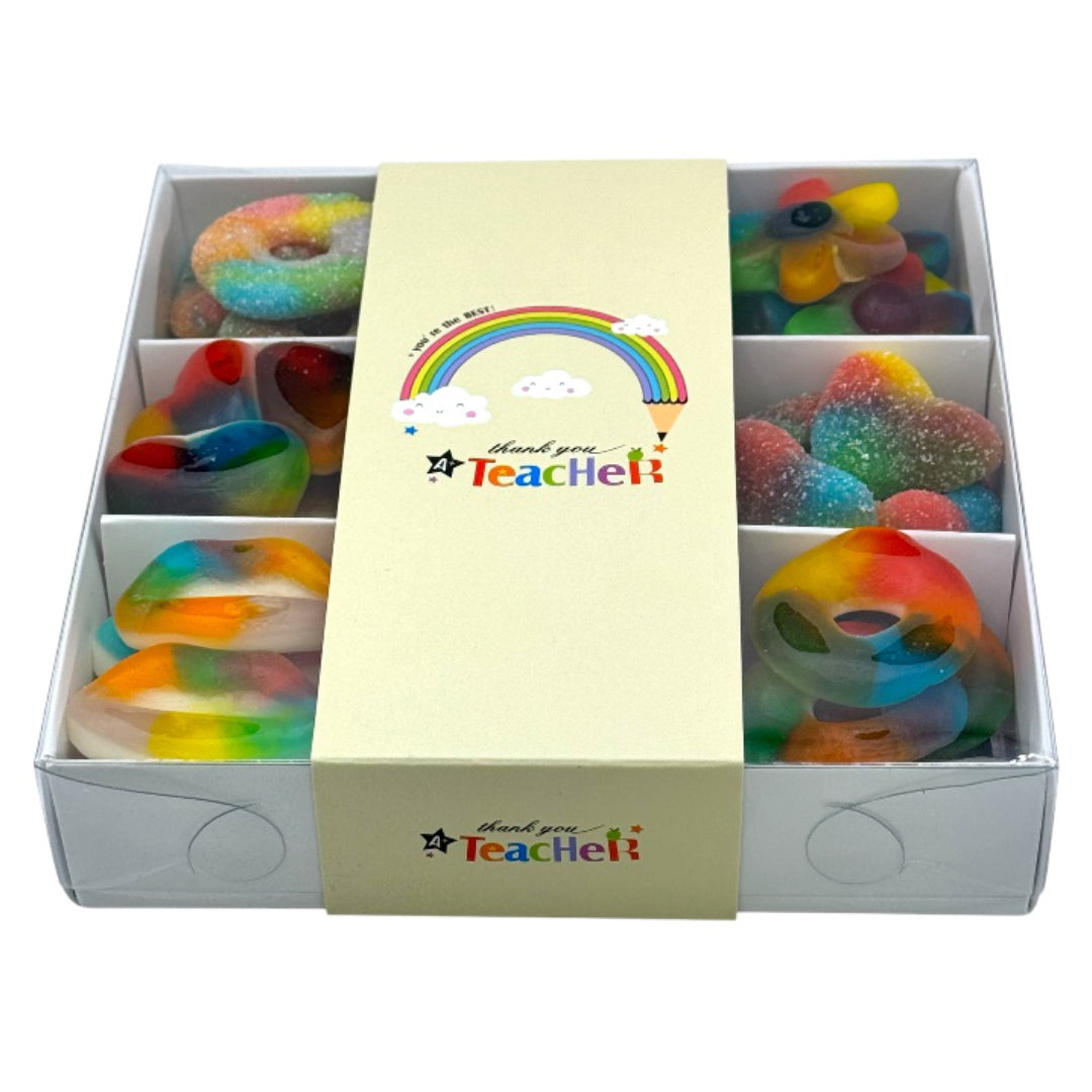 Colorful gummy candies in a box with 'Thank you Teacher!' text and rainbow design.
