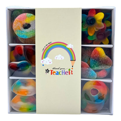 Colorful gummy candies in a box with a 'thank you teacher' design.
