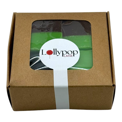 The Fudge Factory Chocolate and Mint Fudge box with a Lollypop Lane logo seal