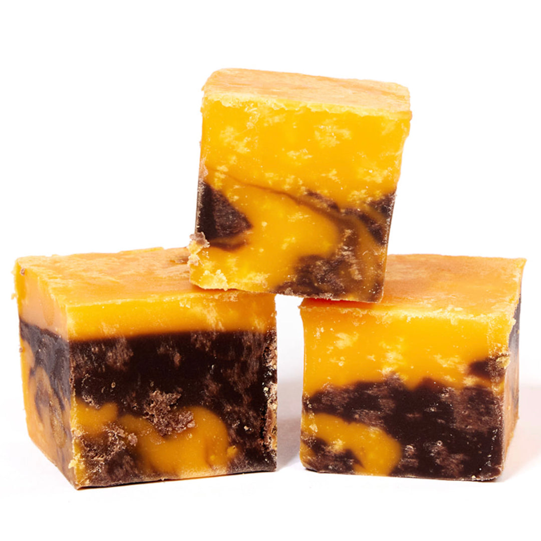3 bite size chunks of The Fudge Factory Chocolate and Orange Fudge