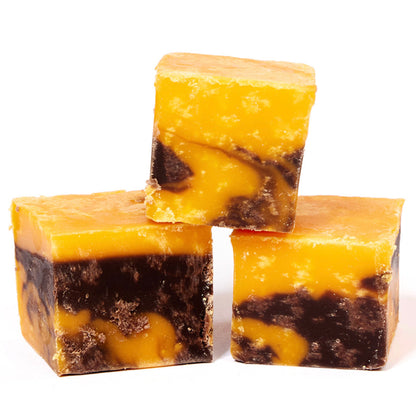 3 bite size chunks of The Fudge Factory Chocolate and Orange Fudge