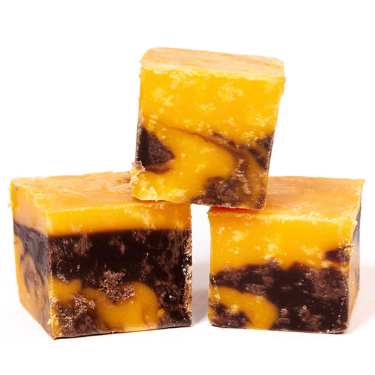 3 bite size chunks of The Fudge Factory Chocolate and Orange Fudge