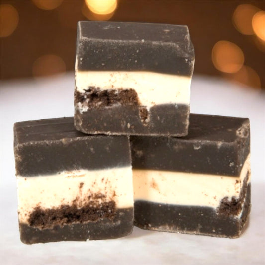 Three chunks of The Fudge Factory Oreo Cookie Flavoured Fudge