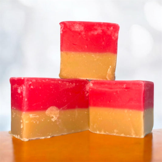 Three chunks of The Fudge Factory Vanilla & Strawberry Flavoured Fudge