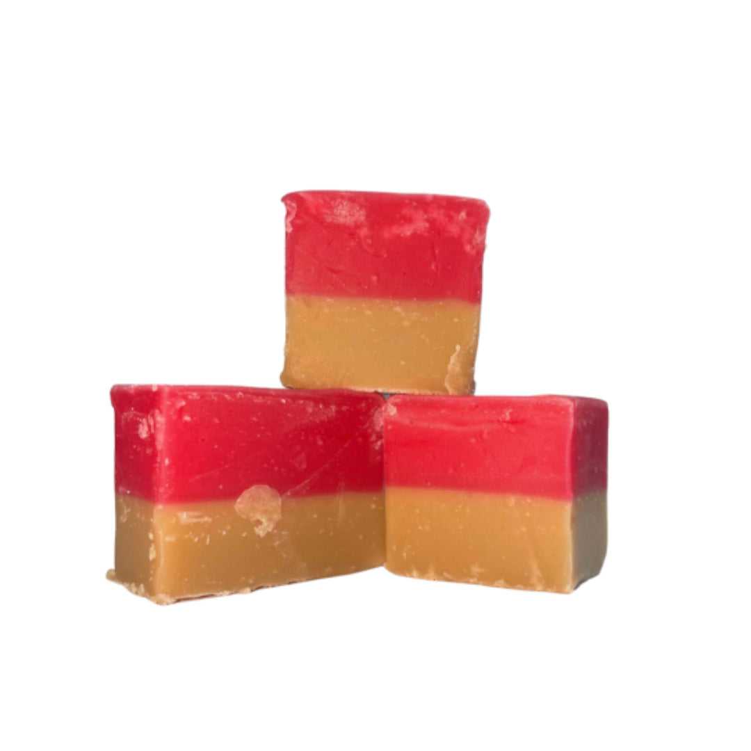 Three chunks of The Fudge Factory Vanilla & Strawberry Flavoured Fudge