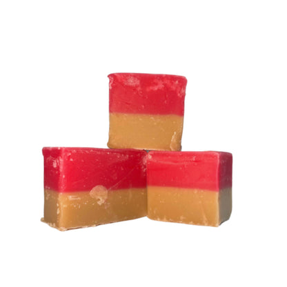 Three chunks of The Fudge Factory Vanilla & Strawberry Flavoured Fudge