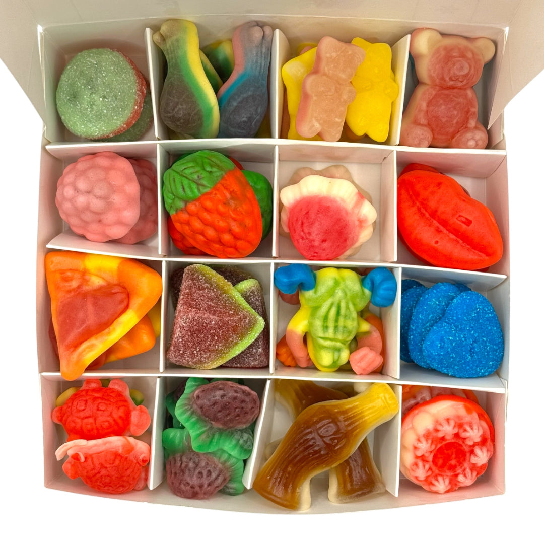 Lollypop Lane Christmas gift box with open lid containing jelly filled sweets.