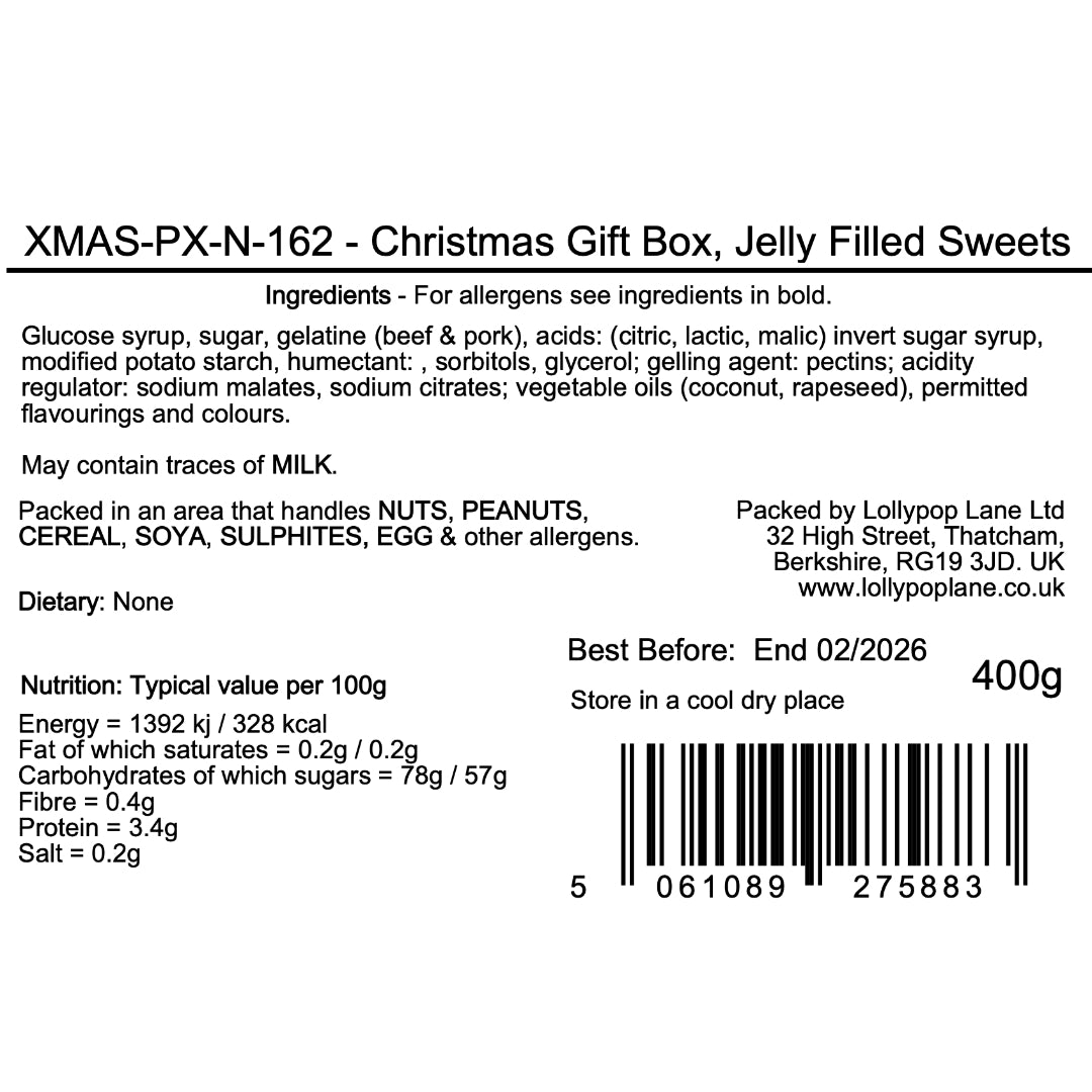 Lollypop Lane Label of Christmas gift box with jelly filled sweets, including ingredients, allergen information, and nutritional details.