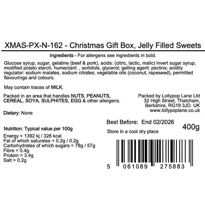 Lollypop Lane Label of Christmas gift box with jelly filled sweets, including ingredients, allergen information, and nutritional details.