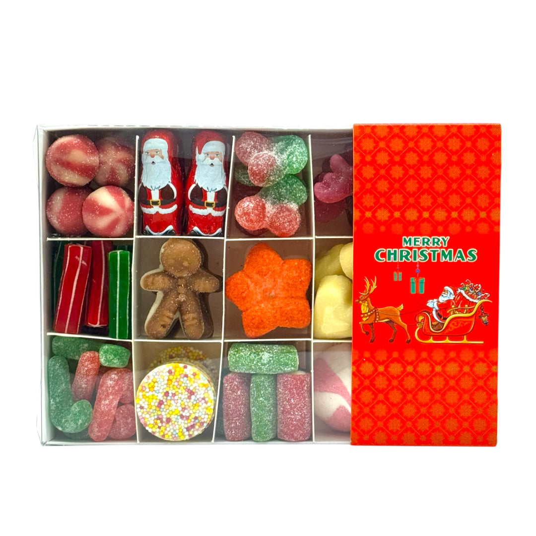 Christmas Gift Box with Red Sleigh Logo Filled with Seasonal Sweets on a white background.