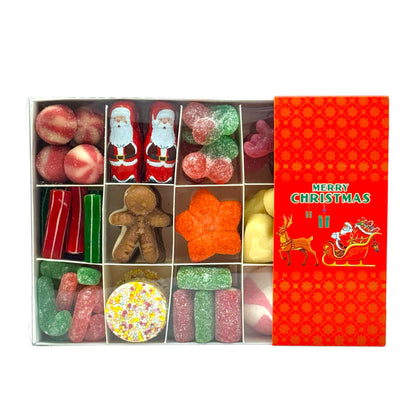 Christmas Gift Box with Red Sleigh Logo Filled with Seasonal Sweets on a white background.