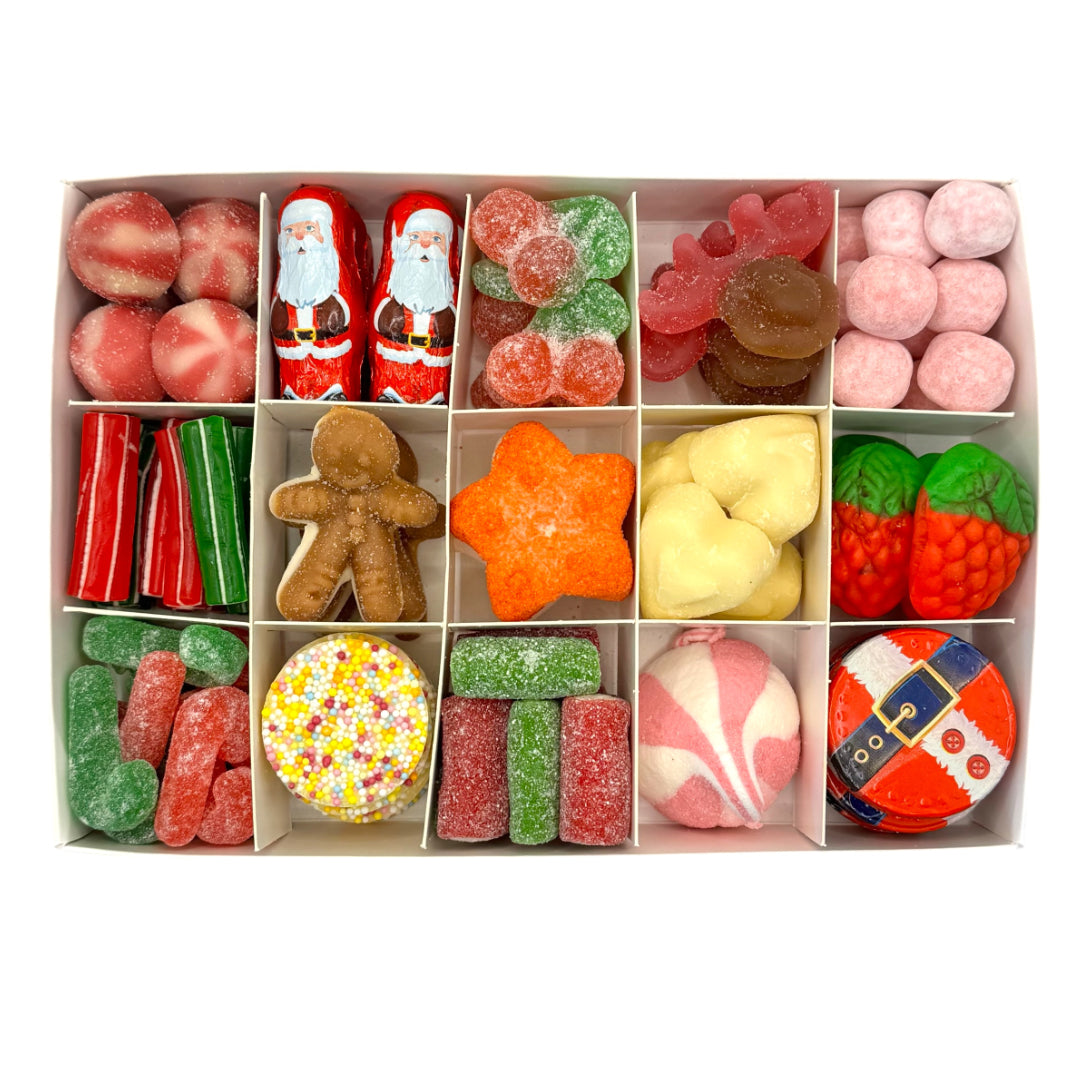 Lollypop Lane Christmas Gift Box with Red Sleigh Logo Filled with Seasonal Sweets on a white background.