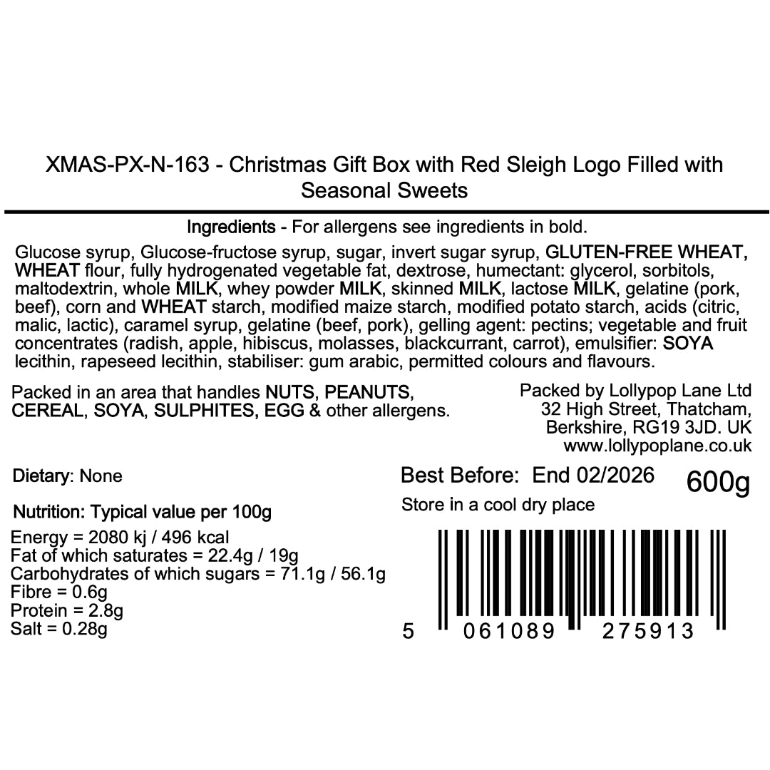 Lollypop Lane product label for Christmas gift box with red sleigh logo, filled with seasonal sweets, listing ingredients and nutritional information.