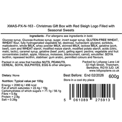 Lollypop Lane product label for Christmas gift box with red sleigh logo, filled with seasonal sweets, listing ingredients and nutritional information.