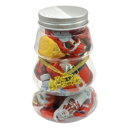 Lollypop Lane Christmas Tree Jar Filled with Seasonal Chocolate on a white background.