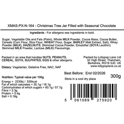 Lollypop Lane product label of a Christmas tree jar filled with seasonal chocolate, showing ingredients, packaging details, and nutritional information.