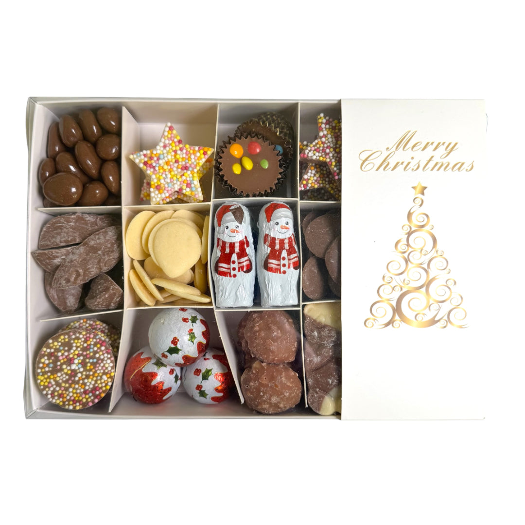 Christmas Gift Box Filled With Chocolate, Gold Tree Logo on a white background