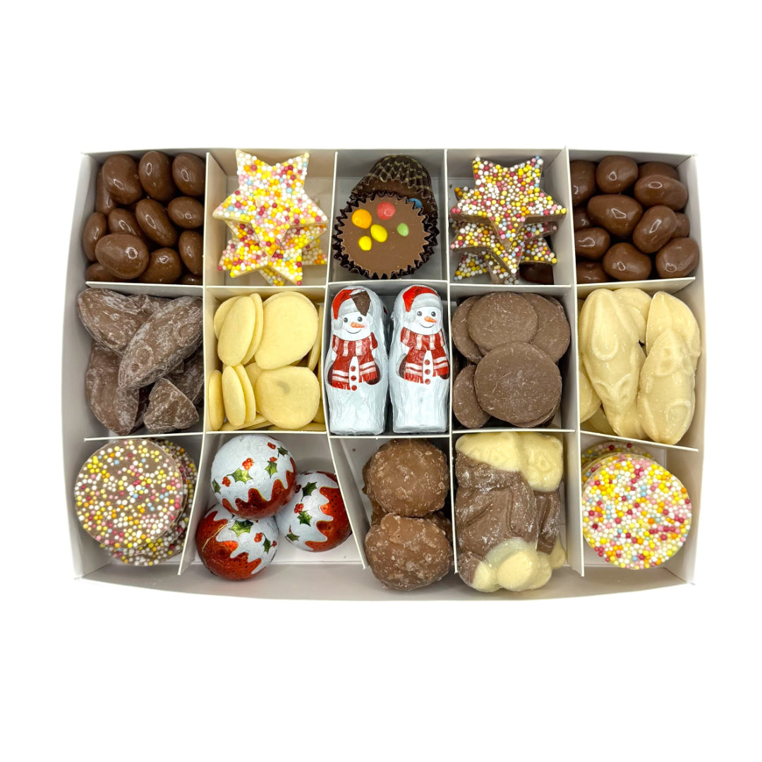 Christmas Gift Box Filled With Chocolate, Gold Tree Logo with open lid