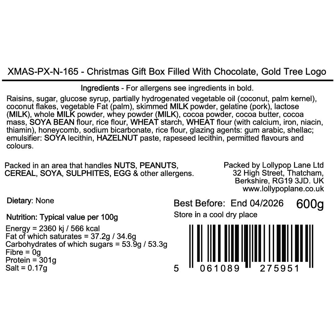 Lollypop Lane Ltd product label for a Christmas gift box filled with chocolate, featuring a gold tree logo.