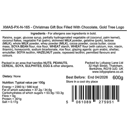 Lollypop Lane Ltd product label for a Christmas gift box filled with chocolate, featuring a gold tree logo.