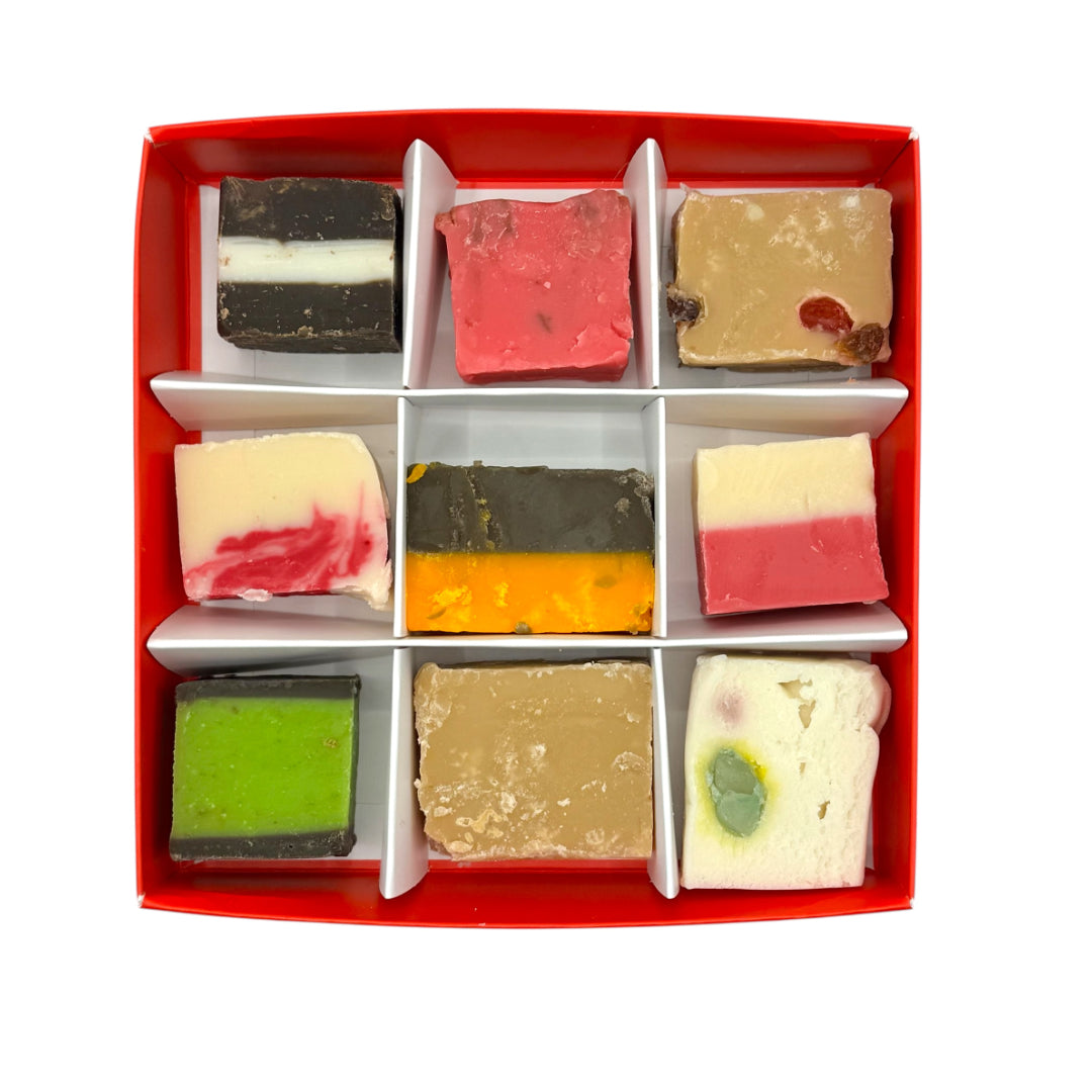 Lollypop Lane Christmas Gift Box Filled with Fudge on a white backround.