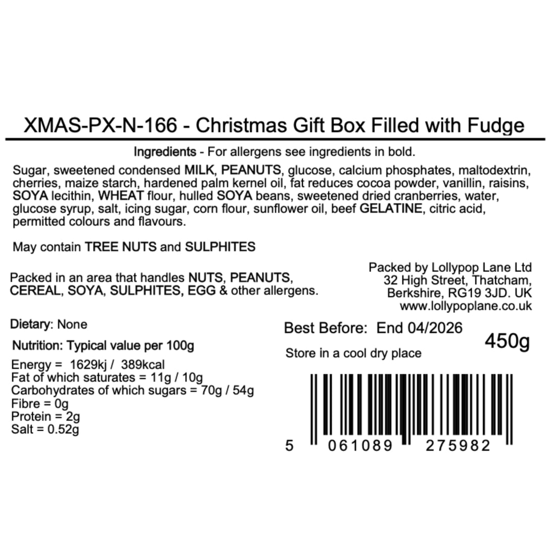 Label of a Christmas gift box filled with fudge, listing ingredients, allergens, and nutritional information.